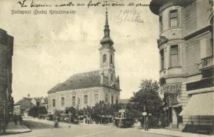 1910 Budapest I. Krisztina tér, templom, cukrászda, villamos, omnibuszok