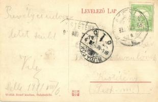 1911 Balatonlelle, fürdőzők a Balatonban, fürdőkabinok. Wollák József kiadása