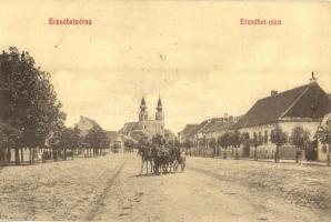 Erzsébetváros, Dumbraveni; Erzsébet utca, templom, lovaskocsi / street view with church and horse cart