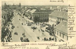 1902 Zombor, Sombor; Fő utca madártávlatból, piac. Bruck Sándor kiadása / main street, market