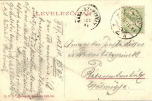 1907 Komárom, Komárnó; Nádor utca, Elbert Ignác és Székelyi Károly üzlete, templomtorony építés közb...