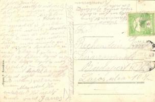 Komárom, Komárnó; Nádor és Megye utcai torkolat a Szentháromság szoborral, montázs galambbal / stree...