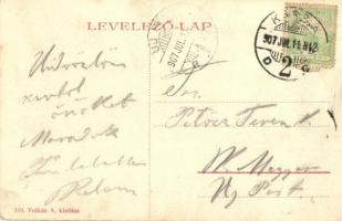 1907 Kassa, Kosice; Fő utca, posta, Rohringer Géza szőnyeg és függöny raktára, Binder Ernő üzlete, u...