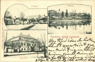 1902 Torna, Abaúj-Torna, Turnau, Turna nad Bodvou; Fő utca, Halastó, Megyeház télen. Kiadja Steinberger Ignác / main street, fishpond, lake, county hall in winter