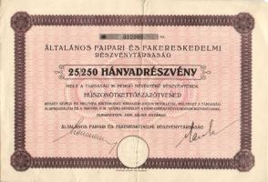 1926. "Általános Faipari és Fakereskedelmi Rt." 25/250 hányadrészvénye