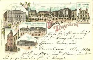 1898 Temesvár, Timisoara; Ferenc József színház, zsinagóga, megyeház, Piarista templom, városház, Losonczy tér, szerb székesegyház, Ferenc József laktanya, Jenő herceg tér, Temesi Takarékpénztár, Római katolikus székesegyház. Trautmann Gy. kiadása / theatre, synagogue, cathedral, squares, town and county halls, savings bank, military barracks. Art Nouveau, floral, litho (EK)