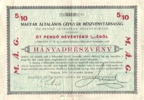 1926. "Magyar Általános Gépgyár Rt." 5P névértékű 5/10 hányadrészvénye