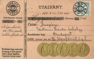 1901 Utalványos képeslap 100 koronáról Ferenc József arcképével / Austro-Hungarian 100 Krone Emb. coins with Franz Joseph (EM)
