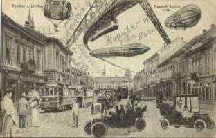 1929 Zombor, Sombor; Kossuth Lajos utca a jövőben montázslap, Schön Adolf üzlete és saját kiadása / in the future montage