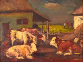 Chiovini Ferenc (1899-1981): Pihenő tehenek. Olaj, farost, jelzett, keretben, 31×42 cm