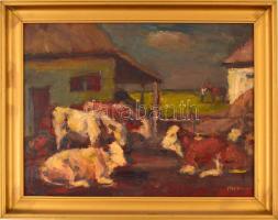 Chiovini Ferenc (1899-1981): Pihenő tehenek. Olaj, farost, jelzett, keretben,  31×42 cm