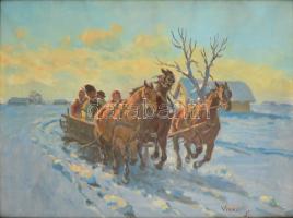 Viski János (1891-1961): Téli lovas szán. Olaj, vászon, jelzett, üvegezett keretben, 60x80 cm