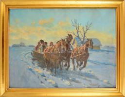 Viski János (1891-1961): Téli lovas szán. Olaj, vászon, jelzett, üvegezett keretben, 60x80 cm
