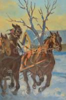 Viski János (1891-1961): Téli lovas szán. Olaj, vászon, jelzett, üvegezett keretben, 60x80 cm