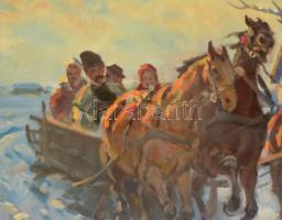 Viski János (1891-1961): Téli lovas szán. Olaj, vászon, jelzett, üvegezett keretben, 60x80 cm
