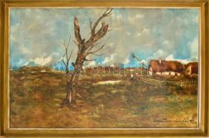 Szegvári Károly(1920-2002): Tanya kiszáradt fával. Olaj, farost, jelzés nélkül, keretben, 50×70 cm