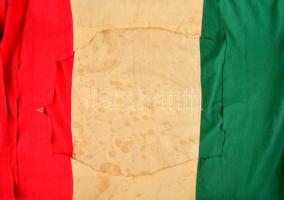 1956 Magyar nemzeti zászló, belőle kivágva a Rákosi címer. A vörös csillag vége még látszik. A lobogóra tollal felírták az aradi vértanúk neveit, valamint az 1848-as kormány tagjainak nevét. / Hungarian flag from the 1956 revolution. 300x122 cm