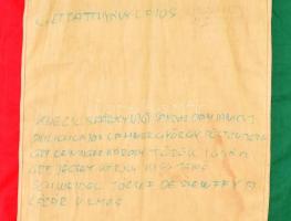 1956 Magyar nemzeti zászló, belőle kivágva a Rákosi címer. A vörös csillag vége még látszik. A lobog...