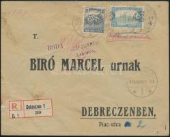 1919 Debrecen helyi ajánlott levél, Parlament 75f elcsúszott felülnyomással / Local registered cover. Signed: Bodor