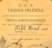 1910 Az Erdélyi Kárpát Egyesület díszes oklevele rendes taggá választásról, felcsavarva, kis sérülés...