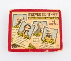 cca 1930 Magyar Pantheon Irodalmi és művészeti kvartett kártyajáték, 48 db kártyával, eredeti kopott dobozában, egy-két sérült, kissé hiányos kártyával.