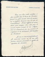 cca 1935-1940 Joseph Avenol (1879-1951) francia politikus és diplomata aláírása népszövetségi levélen / autograph signature of Joseph Avenol French diplomat