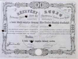 Buda 1868. "Budai Közúti-vaspálya Társaság" részvénye 200Ft-ról, szelvényekkel, bélyegzéss...