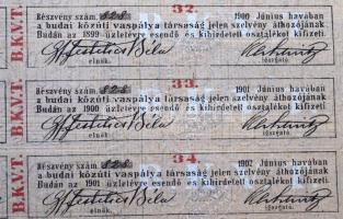 Buda 1868. "Budai Közúti-vaspálya Társaság" részvénye 200Ft-ról, szelvényekkel, bélyegzéss...