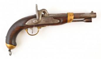 Régi francia pisztoly, fa-fém, jelzett (Imp. au de Mutzie), mesterjeggyel, rozsdafoltokkal, h: 34 cm /  Antique French pistol, wooden and metal, with hallmark (Imp. au de Mutzie), with rust stains, l: 34 cm