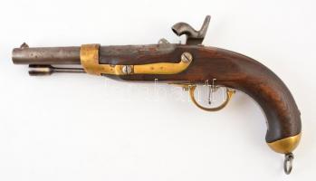 Régi francia pisztoly, fa-fém, jelzett ("Imp. au de Mutzie"), mesterjeggyel, rozsdafoltokk...