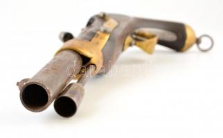 Régi francia pisztoly, fa-fém, jelzett ("Imp. au de Mutzie"), mesterjeggyel, rozsdafoltokk...