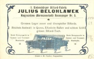 Belohlawek Gyula első erdélyi tekeasztal (biliárd) gyára. Nagyszeben, Rosenanger 5. sz. / Julius Bel...