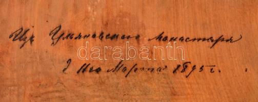 cca 1895 Jelzés nélkül: Szent Miklós más szentek társaságában, orosz ikon, tojástempera, fa, hátuljá...