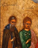 cca 1895 Jelzés nélkül: Szent Miklós más szentek társaságában, orosz ikon, tojástempera, fa, hátuljá...