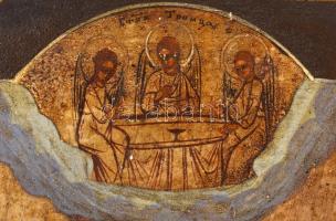 cca 1895 Jelzés nélkül: Szent Miklós más szentek társaságában, orosz ikon, tojástempera, fa, hátuljá...