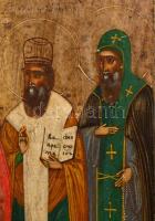 cca 1895 Jelzés nélkül: Szent Miklós más szentek társaságában, orosz ikon, tojástempera, fa, hátuljá...