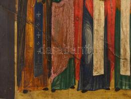 cca 1895 Jelzés nélkül: Szent Miklós más szentek társaságában, orosz ikon, tojástempera, fa, hátuljá...