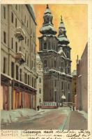 1900 Budapest V. Egyetemi templom, villamos télen. Kuenstlerpostkarte No. 2075. von Ottmar Zieher, litho s: Raoul Frank