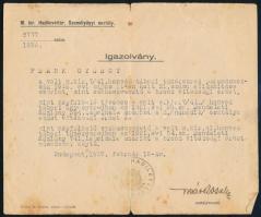 cca 1920-1940 Fehérvári/Frank György tüzér iratai: igazolások, igazolványok, stb., összesen 11 db