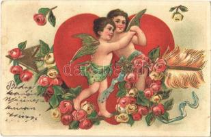 1906 Love greeting art postcard with puttos. Floral, Emb. litho (EK)