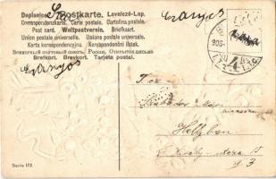 1906 Love greeting art postcard with puttos. Floral, Emb. litho (EK)