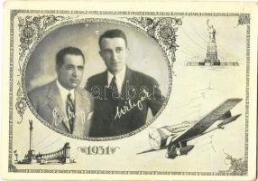1931 Endresz György és Wilczek (Magyar) Sándor Justice for Hungary óceánrepülésének emlékére / Hungarian pilots, memorial card for their flight across the ocean. Irredenta Art Nouveau postcard (szakadás / tear)