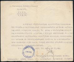 1919 Garbai Sándor, a Forradalmi Kormányzótanács elnökének utasítása Podhradszky György újságíró részére prágai kiküldetése tárgyában, gépelt, aláírt, bélyegzővel