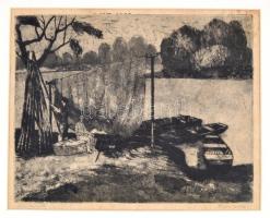 Blahos Rudolf (1917-1986): Tiszai halászok. Rézkarc, papír-karton, jelzett, 29×37 cm