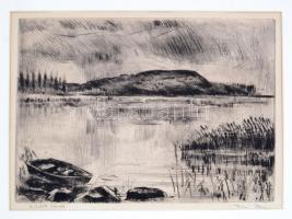 Fehér Ilona (1913-1983): Kikötött csónak. Rézkarc, papír, jelzett, 29×39 cm