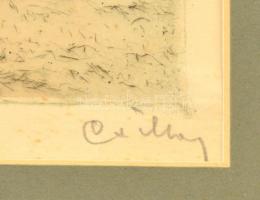 Csillag József (1894-1977): Cséplés. Színezett rézkarc, papír, jelzett, üvegezett keretben, 29×39 cm