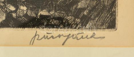 Szűcs János (1917-1995): Ördögárok. Rézkarc, papír, jelzett, üvegezett keretben, 29×38 cm