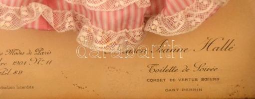 Egyedi készítésű ruhaterv (csipke, selyem) régi litográfiára ragasztva, üvegezett keretben, jelzés n...