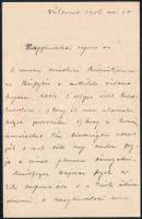 1906 ifj. Tisza Kálmán gróf (1867-1947) saját kézzel írt levele Szél Kálmán nagyszalontai esperesnek, református zsinat ügyében.2 beírt oldal, borítékkal.