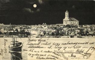 1902 Ercsi, látkép este, templom, gőzhajó montázs. Kiadja Déri János és Fia (EK)